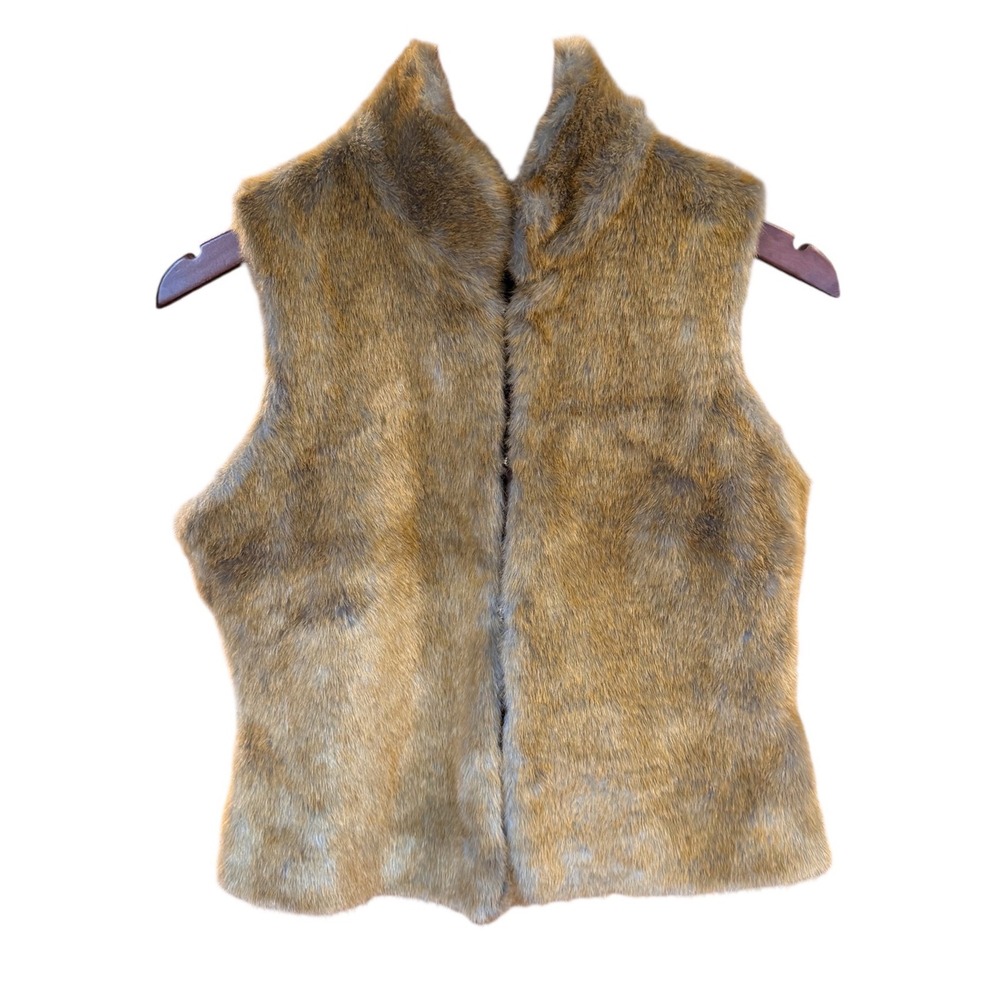 Vtg LUX Faux Fur Vest Brown Tan Sleeveless Jacket Waistcoat Womens Size Medium